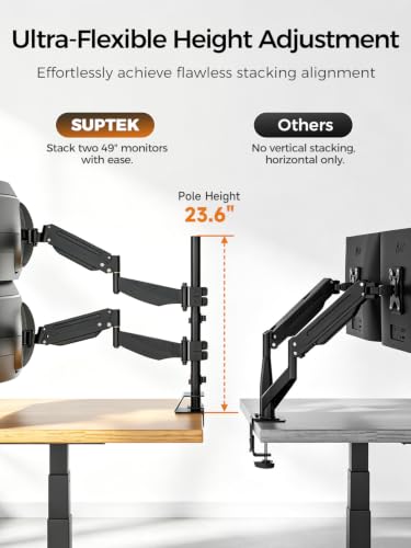Image of suptek Dual Monitor Arm Desk Mount for 17-49 Inch Ultrawide Monitors, Heavy Duty Dual Monitor Mount Holds 44 lbs, Full Motion Gas Spring Vertical Stacked Monitor Mount, 75 /100 VESA Mount, Black