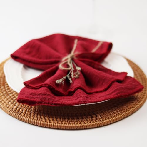 Dololoo Handmade Gauze Napkins 16.5x16.5 Inches 100% Cotton Cloth Napkins, Set of 4 Versatile Handmade Square Rustic Fringe Napkins for Dinner, Wedding and Parties, Burgundy - Thumbnail 3