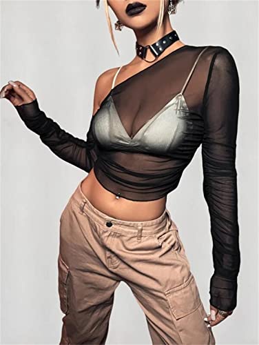 LOFAAC Women Sexy Mesh Sheer See Through Long Sleeve Crop Tops Slim Fit Ruched Off Shoulder Crop Blouse Tee Top Clubwear2