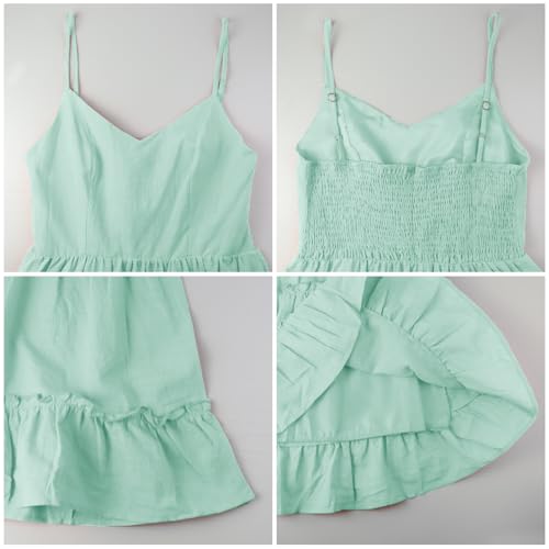 Image of FANCYINN Women Floral Casual Tiered Mini Dresses Spaghetti Strap V Neck Backless A Line Swing Short Dress with Pockets