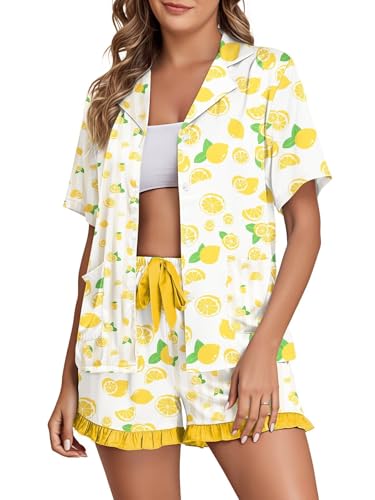 Brosloth Satin Pajama Set for Women Shorts Short Sleeve Summer Pjs Lemon Print Silky Pajamas Set Silk Loungewear Sets wiht Pockets Yellow M