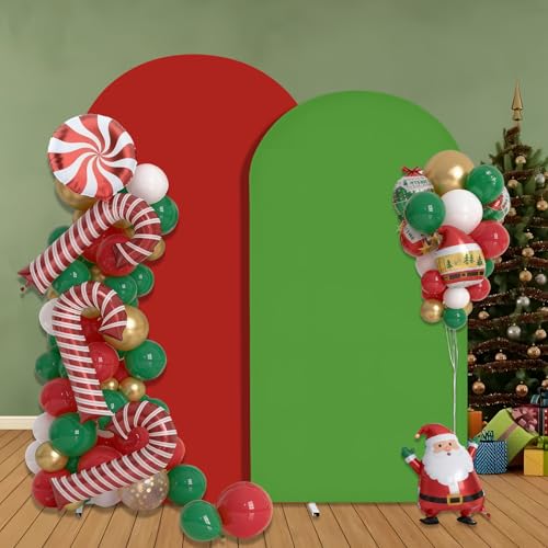 Ipalmay 2pcs Red Green Arch Cover - 7.2ft Red and 6ft Green Strechy Arch Frame Covers, Christmas Backdrop Stand Covers, Wedding, Birthday, Baby Shower, Anniversary Photography Indoor Outdoor Decor