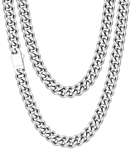 Fiusem 10.5mm Silver Tone Cuban Link Chains for Men Women, 28 Inches