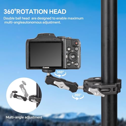 Image of Action Camera Super Clamp Mount with Mobile Clip & Mount, 1 /4 inch Screw and 3 /8 inch Screw Hole,360 Double Ball Head Magic Arm for Action Camera, Light, DSLR, Pole, Bike for Insta 360, Go Pro, DJI