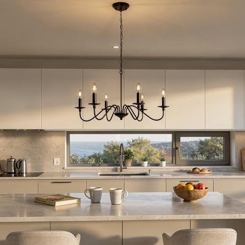 Image of 6-Light Farmhouse Chandelier, Industrial Black Ceiling Light Fixture with Rustic, Adjustable Hanging Height,for Island, Dining Room, Living Room, Entryway