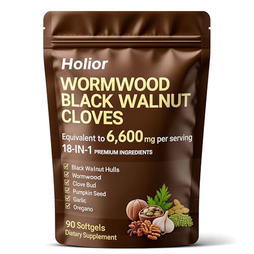 HOLIOR 18-in-1 Black Walnut Wormwood - Herbal Wellness Blend with Clove Garlic Turmeric Pumpkin Seed Oregano Berberine & More Daily Digestive & Gut Balance Support Supplement - 90 Softgels