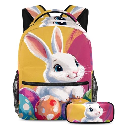 Sac à dos école 2 pièces imprimé œuf de Pâques avec trousse assortie pour élève