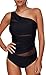 Produktbild OLIPHEE Damen Schlankheits Badeanzug One Shoulder Raffung Einteiler Bademode Strandmode Schwarz One Shoulder 2XL