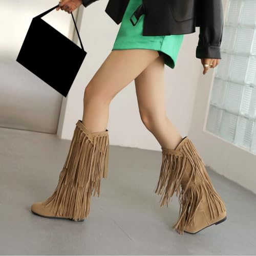 Womens Fringe Western Boots Fashion Hidden Heel Knee-high Boots Round Toe Platform Tassel Moccasin Boots3