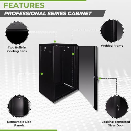 Image of NavePoint 18U Server Rack Enclosure - 17.7 inch Deep, Wall Mount Network Cabinet with Locking Glass Door for 19 inch IT Equipment, Network Rack with 2 Fans, Removable Side Panels, Black