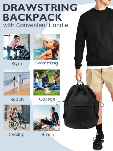 Image of RHDZO Drawstring Gym Backpack with Shoe Compartment and Wet Pocket, Black