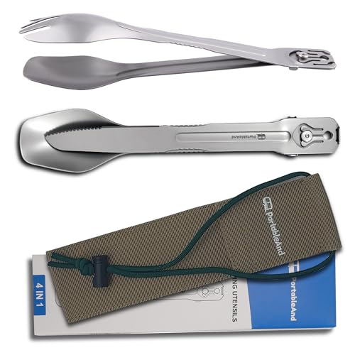 PortableAnd 4-in-1 Camping Utensil Set: Spoon, Spork, Knife, Tongs - Stainless Steel Multi Tool for Outdoor Cooking, Backpacking, Hiking, Picnics - Lightweight Travel Utensil with Carry Bag (1-Pack)
