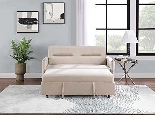 Microfiber Upholstered Loveseat Sleeper W/Side Storage Pockets, 57" 2-Seaters Sofa With Pull-Out Couch Bed With 2 Pillows & Adjustable Backrest For Living Room Apartment Office Compact Space, Beige #TOP3