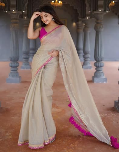 Image of SIRIL Women's Shimmer Net Lace Border Dual Tone Saree with Unstitched Blouse Piece