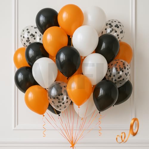 Image of AMFIN (Pack of 25) Orange, Black, White & Black Confetti Balloons with Orange Ribbon | Party Decoration Balloons for Halloween, Birthday, Anniversary, Baby Shower & Events