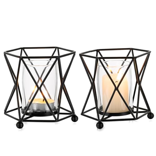 NUPTIO Schwarz Teelichthalter Geometrische Kerzenständer: Satz von 2 Metall Sechseck Teelichthalter Geometrisch Kerzenhalter Teelicht Vintage Tafelaufsätze Weihnachten Halloween Hochzeit Zeremonie