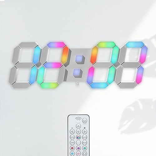 KOSUMOSU LED Wall Clock 15" RGB Digital LED Clock for Living Room Decor, Large Display Gaming Room Clocks, Dimming/12/24 Hr Time/Date/Temp/Remote (Whi