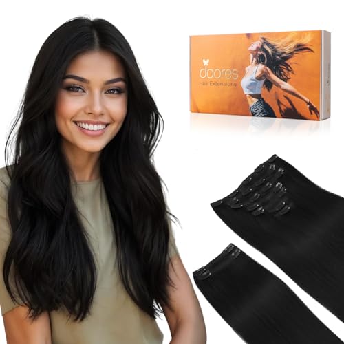 Image of DOORES Hair Extensions Real Human Hair, Jet Black 150g 9pcs 22 Inch, Real Hair Extensions Clip in Human Hair Thick Extensions Human Hair Natural Extensions for Women Clip in Silky Straight Hair