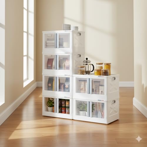 Image of URBAN LUXY Foldable Plastic Rack for Storage /Kitchen Cupboard /Sturdy Wardrobe for Clothes /Multipurpose Storage Organizer /Closet for Bedroom /Living Room /Laundry Room (White-Storage BIN - 2DOOR, 5PCS)