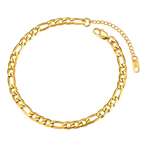 Image of FOCALOOK 14K Gold Plated Anklets for Women Waterproof Plus Size Ankle Bracelet 8.5-10.5 Inch Adjustable Mariner /Figaro /Flat Snake /Cuban Link Chain Anklet Jewelry for Summer Beach Holiday