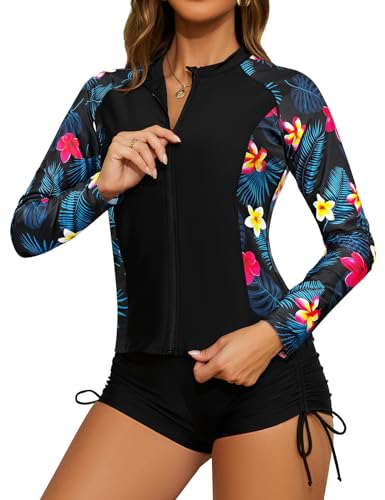 SHEKINI Women 3 Piece Rash Guard Sets Long Sleeve Zipper Swim Shirt Printed Bikini Top Side Drawstring Boyshorts Surfing Training Swimsuit, Black+Yellow Flower, X-Small