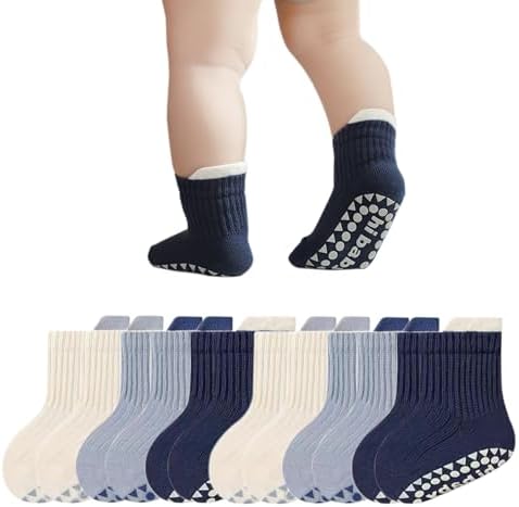 Mealah 6 Pairs Toddler Grips Socks for Boys Girls - Non Slip Warm Thick Cotton Ankle Crew Socks 1-3Years