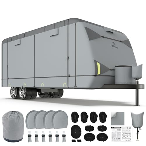 RVMasking Travel Trailer RV Cover 22-24ft, 7 Layers Extra-Thick Camper Cover Waterproof Windproof for Toy Hauler with 4 Tire Covers & Tongue Jack Cover, Durable Trailer Cover for RVs, Light Gray