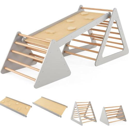 Maxmass 3 in 1 Kids Climbing Frame, Wooden Children Climber with Slide Ramp, Indoor Outdoor Toddler Climbing Ladder for 3 Years Old+ Boys Girls (Grey)