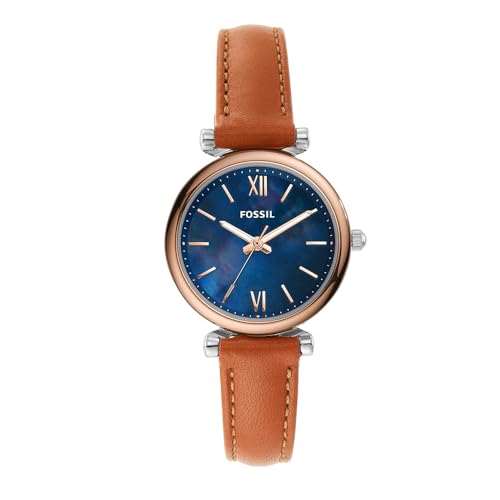 Fossil Damenuhr Carlie Mini, Quarzwerk, 28mm Silbernes Edelstahlgehäuse mit Lederarmband, ES4701