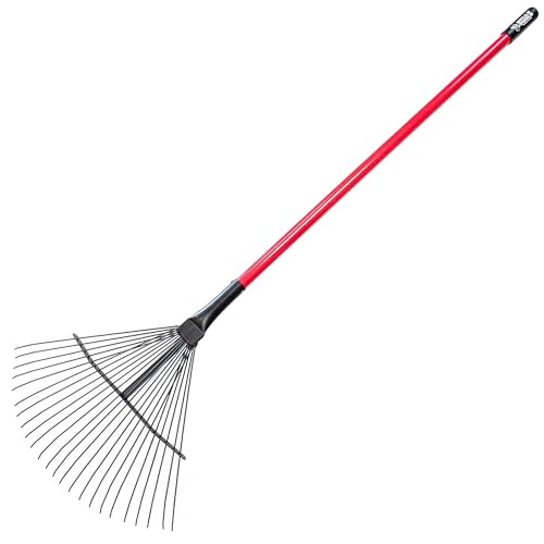 Bully Tools Heavy Duty Metal Leaf Rake - 24 High Carbon Spring Steel Tines with Fiberglass Handle, Thatching and Wide Lawn Rake for Leaves, Yard Debris and Garden Tool, 100% Made in The USA, 24-Inch