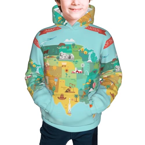 USA Tourist Map With Famous Landmarks Kid Hoodies Boys Sweatshirts Girls Pullover with Pocket3