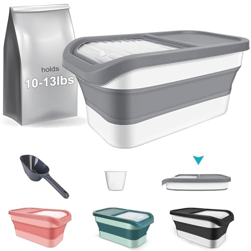 YECERCAN Pet Food Storage Containers, Collapsible Cat Food Container with Transparent Sliding Lid,10-13 lb Plastic Dog Food Bin with Measuring Cup and Dog Food Scoop