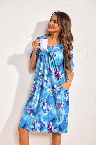 Image of Ekouaer 2 Pack House Dresses for Women with Pockets Short Sleeve Moo Moos Floral Print Mumu Dresses