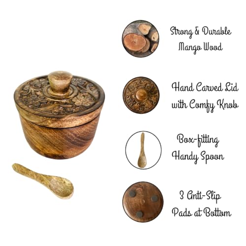Mie Creations Rustic Salt Box Cellar With Hand Carved Lid & Spoon, Wooden Salt Pinch Bowls | Wood Salt Pepper Keeper, Spice Bowls For Cooking,Sugar Holder For Kitchen thumb #2
