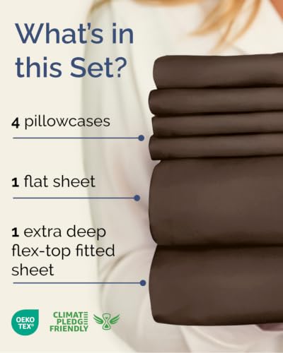 Image of Flex Top Split Head King 6 Piece Sheet Set - Breathable & Cooling - Brown | Ultra Soft Hotel Luxury Bedding Set w / 8-16 Inch Deep Pockets, 1 Flat & 1 Split-Head Fitted Sheet & 4 Pillowcases, Fade Free