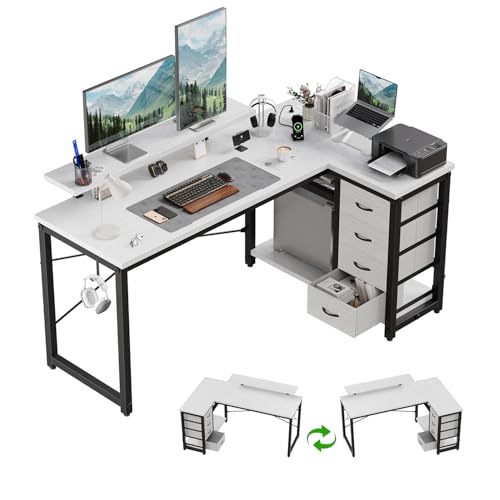 JUMMICO L Shaped Desk with 4 Drawers,140x80cm Computer Corner Desks with Power Outlets & USB Charging Port, Reversible Large Storage Shelves Office Table With Monitor stand，White