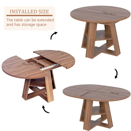 43.3in-59in Extendable Round Dining Table for 4-8,Modern Kitchen Oval Dining Table with Removable Leaves Space Saving,Wood Base with Storage Shelf for Kitchen Living Room (Walnut)