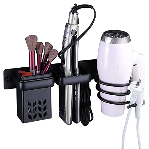 LHUATGT Hair Dryer Stand, Hairdryer Holder Wall Mount - Blow Dryer Holder, Hair Dryer Rack & Hair Styling Care Tool Organizer, Storage Basket with Plug Hook (Black)