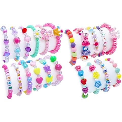 SIELEVIN 21 PCS Kids Bracelets for Girls Toddlers Jewelry Little Girl Beaded Bracelets Flower Butterfly LOVE Letter Pink Bracelet Princess Pretend Play Christmas Birthday Gift Party Favor Cover
