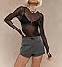 Sheer Mesh Top for Women Sexy See Through Shirts Crew Neck Long Sleeve Tee with Thumb Hole Transparent Undershirt (Clear, S)