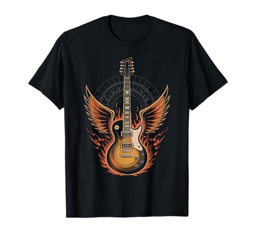 Flaming Guitar With Wings Rock And Roll Power Design Camiseta