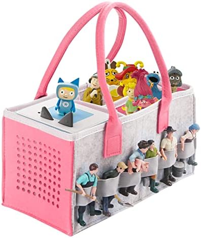 Chedin Tasche for toniebox Tonie, Aufbewahrung Box Tragetasche mit Griff, für Toniebox Starter Set und Tonies Figur, Zubehör Schutzhüllen-Organizer für über 30 Figuren (Grau + Rosa