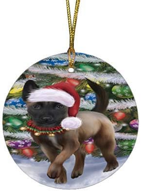 Christmas Express Delivery Red Truck Running Belgian Malinois Dogs Round Flat Ornament - Pet Decorative Hanging Ornaments for Christmas X-mas Tree Decorations - 2.75" Round Christmas Ornament