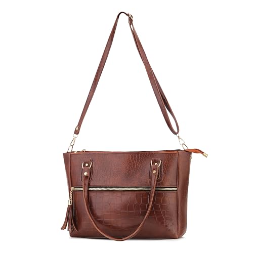 Image of AVERAA Medium Capacity Croco Pattern Tote Bags For Womens Big Purses And Handbags Ladies Big Shoulder Bag | Office Bag for Women, Ladies Bag Stylish Branded, Leather Bag for Women, Women Office Bag | Chic Croc Texture, Dual Carry Style, Rich Tan Finish, Spacious Interior, Secure Zip Closure, Adjustable Strap