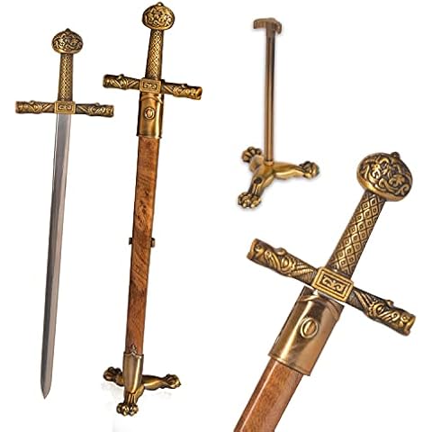 11“ Metal Stainless Steel Letter Opener Sword with Stand,Medieval Vintage Gold Handle,Mini Sword,Lightweight Hand Envelope Slitter,Special Gift Cover