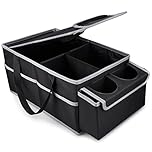 GUWINA Car Seat Storage & Storage, Front or Rear Seat, Cargo & Grocery Organization, with Lid and 1 Mesh Pockets, 2 Cup Holders have 4 Pockets (Black) (Black)