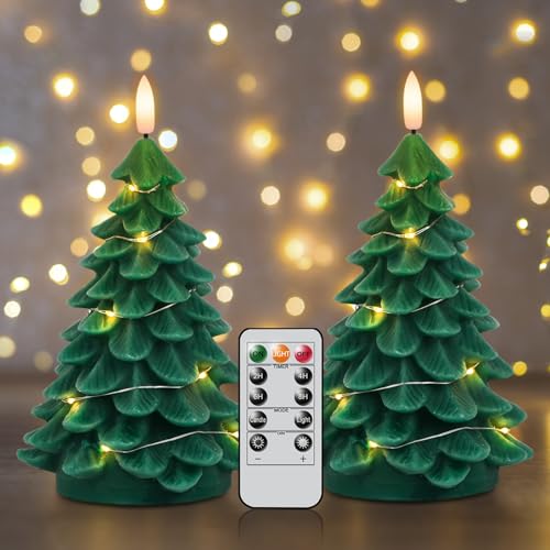 Image of Eldnacele Christmas Tree Flameless Candles String Lights with 11-Key Remote and Timer, Battery Operated 3D Wick Flickering Real Wax LED Pillar Candles Xmas Eve Dinning Holiday Decor(2Pcs,3 inchx7.1 inch)