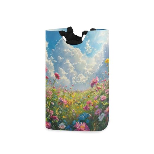 Jihqo Laundry Hamper Basket Sunny Floral Field Collapsible Nursery Storage Bin Waterproof Clothing Baskets for Home Bedroom Bathroom Washing Room