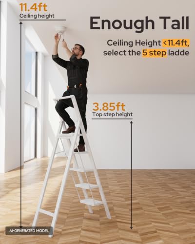 Image of 5 Step Ladder for 10 Feet High Ceiling, Folding Step Stool Stepladders with Anti-Slip and Wide Pedal for Home and Kitchen Use Space Saving (White)