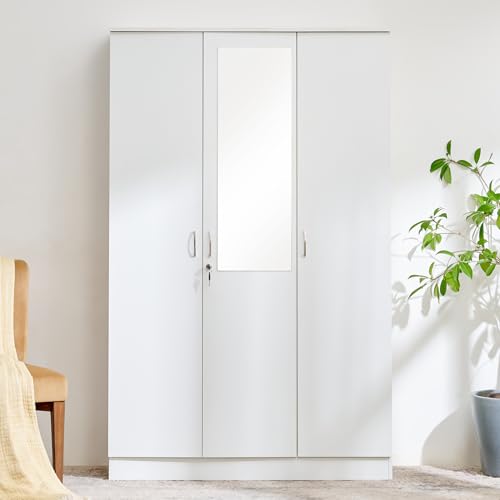 Image of Home Centre | Helios Alton 3-Door Swing Wardrobe with Mirror | Engineered Wood | White | 1 Year Warranty